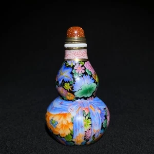 Old porcelain pastel manual painting hundred flowers gourd shape snuff bottle - Picture 1 of 9