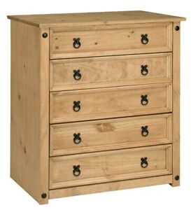 Corona Chest of Drawers Pine 5 Drawer Solid Pine Mexican Wax Rustic Finish