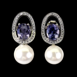 925 Sterling Silver Earrings Oval Iolite 8x6mm Mop Natural Gemstone Jewelry - Picture 1 of 13