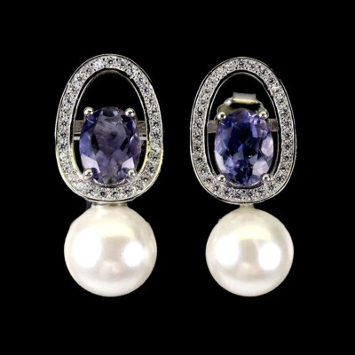 925 Sterling Silver Earrings Oval Iolite 8x6mm Mop Natural Gemstone Jewelry - Image 1 of 4