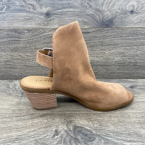 Lucky Brand Boho Sling Back Block Heel Bootie Shoes Women's Size 7 Tan Peep Toe - Picture 1 of 14