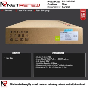 NUEVO conmutador PoE Gigabit Fortinet FS-124E-POE 24 puertos | 24x 1GbE RJ45 + 4x 1GE SFP - Imagen 1 de 1