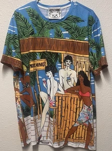 Moschino Beach Print T-Shirt IT48 XXL  Authentic Rare Moschino Turquoise - Picture 1 of 3