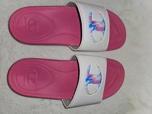 Champion Womens Slip On Pink White Sandals 9W Excellent Condition - Tye Dye Logo - Picture 1 of 4