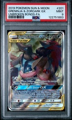 2019 POKEMON SUN & MOON UNBROKEN BONDS #201 FULL ART/GRENINJA & ZOROARK GX PSA 9 - Image 1 of 2