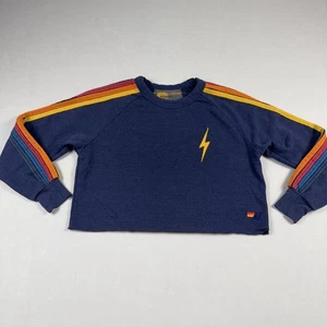 AVIATOR NATION Sweatshirt Womens S Blue BOLT Rainbow Logo Cropped Crop Sweater - Picture 1 of 12