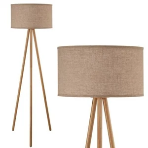 Lampada Piantana Terra Design Moderno in Legno Paralume Tessuto Luce E27 Beige - Foto 1 di 5