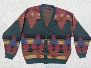 vintage 1990s thick wool INDIAN PRINT native american XL sweater CARDIGAN rrl - Picture 1 of 10