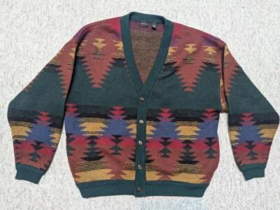 vintage 1990s thick wool INDIAN PRINT native american XL sweater CARDIGAN rrl - Image 1 of 4