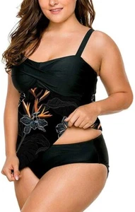 Womens two piece black floral tankini beach pool summer spring swim suit (XXL) - Picture 1 of 5