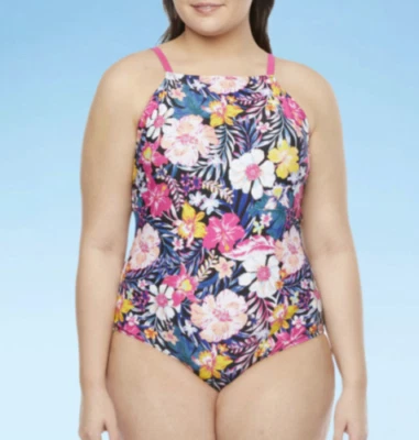 Traje de baño Decree One Piece cobertura media tazas extraíbles floral negro rosa 3X Foto 1 de 4