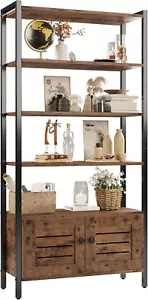 IRONCK Bookshelf with 4 Shelves & Louvered Doors, Vintage Brown Storage Cabinet - Picture 1 of 8