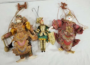 Antique Lot Of 3 Burmese Marionette String Puppet Wood Dancer Dolls - Picture 1 of 11