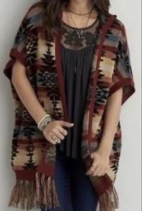 AMERICAN EAGLE Aztec Southwestern Hooded Fringe Cardigan Vest Sweater M NWT $70 - Picture 1 of 4