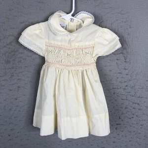 Vintage Polly Flinders Baby Girls Dress 2T Yellow Floral Smocked Lace Trim - Picture 1 of 18