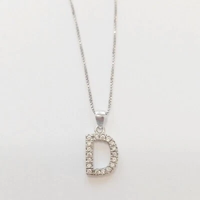 Collana donna argento 925 bianco ciondolo pendente lettera D zirconi brillantini - Immagine 1 di 4