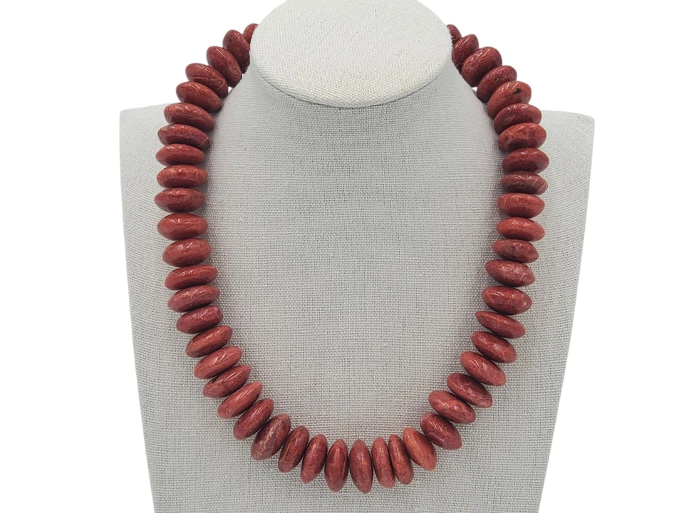 Antigo Colar Declaração de Contas de Disco Liso Polido Coral Vermelho Laranja Fecho de Barril - Imagem 1 de 4