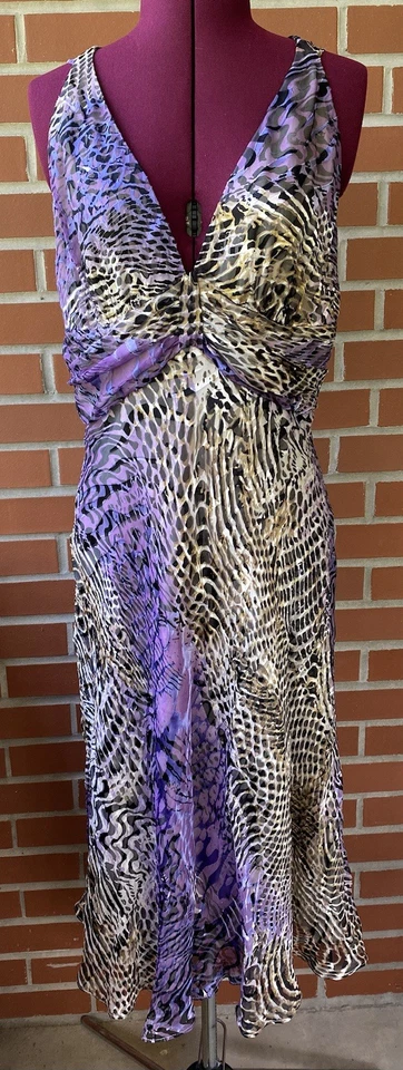 Vestido para mujer Joseph Ribkoff talla 10 animal estampado púrpura mezcla seda forrado usado en excelente estado Foto 1 de 4