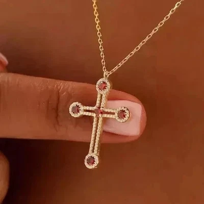 14K Yellow Gold Plated Lab Created Red Ruby Round Cut 2Ct Women's Cross Pendant - Image 1 of 4