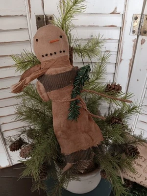 Primitive Folk Art Handmade Cupboard Prairie Doll Snowman Ornament  - Image 1 of 2