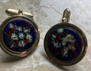 Manschettenknöpfe Knöpfe alt 70er Vintage emailliert Emaille Blau Bunt rund - Bild 1 von 4