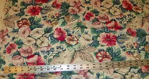 Green Red Beige Flower Print Cotton Upholstery Fabric Remnant 1 Yard F1418 - Picture 1 of 1