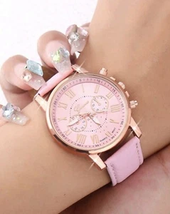 Ladies Women Quartz Wrist Watch Watches with Leather Strap... Pink & Gold UK - Picture 1 of 3