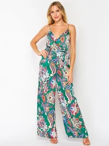 Green Paisley Print Jumpsuit Size Large Sleeveless - Picture 1 of 2