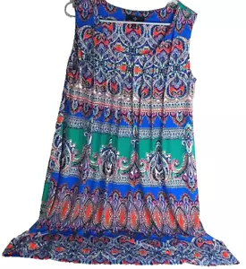 Ronni Nicole Sleeveless Dress Size 12 Stretch Pleaded Pattern Flowing Blue Green - Picture 1 of 10