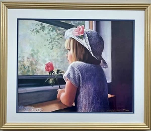 Laurie Snow Hein "Warten auf Papa" handsigniert & # gerahmt Kinder Kunst Neu - Bild 1 von 4