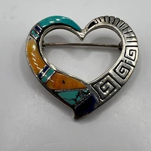 Broche Navajo Vintage Cecil Ashley Corazón Plata Esterlina Incrustación Mosaico Prendedor - Imagen 1 de 9