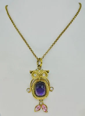 DEA PREZIOSI COLLANA DONNA ARGENTO 925 ANTICATO DORATO GUFO AMETISTA VIOLA VERA - Immagine 1 di 4