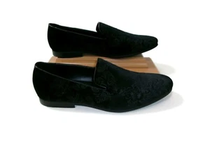 Herren Frederico Leone Schwarz Samt Smoking Jacquard Elegant Schuhe Größe 12 M Slipper - Bild 1 von 16