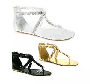 SEÑORA MUJER DIAMANTE DETALLE PLANO GLADIADOR PUNTERA TANGA ROMANA SANDALIAS POSTE ZAPATOS - Imagen 1 de 13