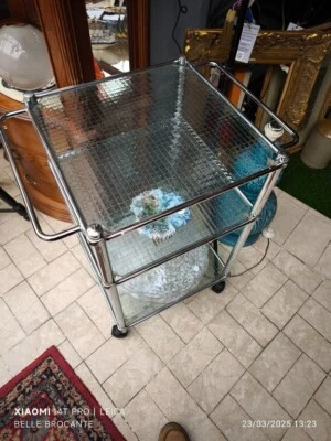 DESSERTE ROULANTE VINTAGE ANNEES 60 TUBULURE CHROMEE LEGEREMENT PIQUETEE 3 PLATE - Photo 1/4
