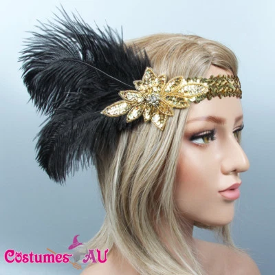 Diadema nupcial pluma negra años 20 gran Gatsby tocado aleta dorada años 20 Foto 1 de 4