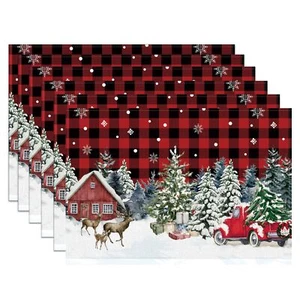 Christmas Placemats Set of 6 12x18 Inch Red Black Buffalo Plaid Truck Table M... - Picture 1 of 7