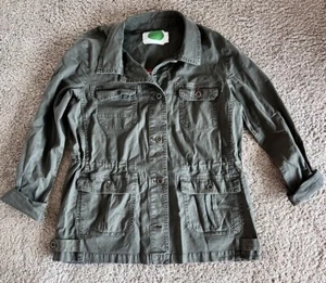 ANTHROPOLOGIE OLIVE GREEN UTILITY JACKET WITH COLORFUL SWEATER BACK SZ M - Picture 1 of 5
