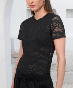 Johnny Was Jade Womens Black Astrid Top Short Sleeve Semi-Sheer Sz S $150 Goth - Imagen 1 de 9