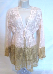 Luv 2 Luv Women's Large Boho Beige and Green Lace Sheer Blouse - Picture 1 of 7