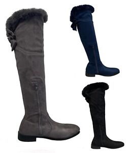Womens Thigh High Over The Knee Boots Ladies Zip up Fur Block Heel Shoes Size