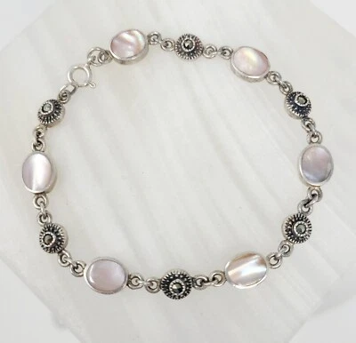 Vintage Sterling Silver Mother Of Pearl Marcasite Link Bracelet - Image 1 of 4