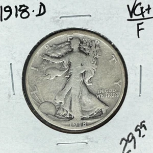 1918-D WALKING LIBERTY SILVER HALF DOLLAR ~VG+/FINE ~NICE COIN~ - Foto 1 di 2