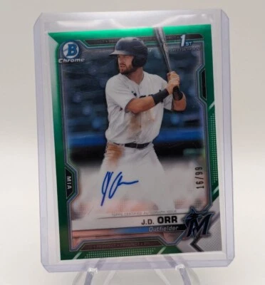 JD Orr 2021 1st Bowman Chrome Baseball CPA-10 Green Refractor Auto #d/99 Marlins - Image 1 of 2