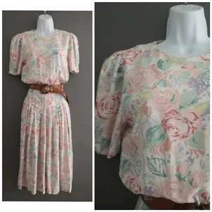 Vintage 80s 90s White Pastel Floral Viscose midi Blouson Tea Dress 6 8 XS - Picture 1 of 9