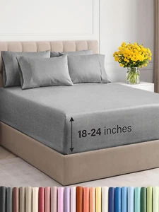 Extra Deep Full Sheet Set - 6 Piece Breathable & Cooling Sheets - Hotel Luxury B - Picture 1 of 8