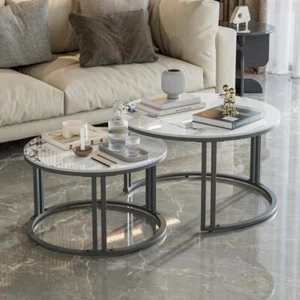 2er Set Satztisch Couchtisch Rund Tisch Sofatisch Marmor+Alu Kaffeetisch Tisch - Bild 1 von 20