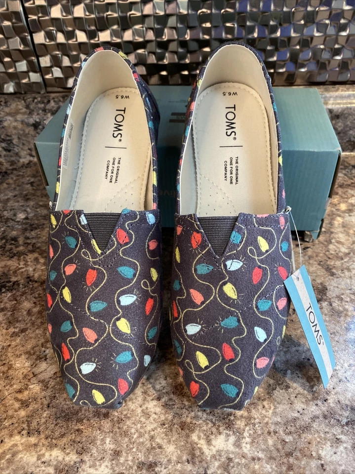 Tom's Belmont Style Sz Women's 6.5 Forged Iron Tree Lights Print Christmas