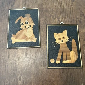 2 Stroh Kunst Welpe Hund Katze Katze Wandbehang Volkskunst polnisch Mid Century Modern - Bild 1 von 8