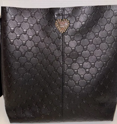 BETSY JOHNSON XOMILLIE SKULLS TOTE Bucket Shoulder Bag BLACK Skull Heart Skulls - Image 1 of 4